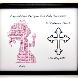 Personalised  First Holy Communion Word Ar, Girl or Boys Gift Design (D In a 8&quot;x10&quot; Glass Front Frame Beautiful Unique Gift & Keepsake,