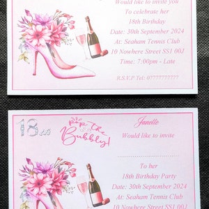 Personalised 18th Birthday Invitations. 'Pop The Bubbly' Invitations,  Shoes, Flowers and Champagne Design, 25 or 50 Invites + Envelopes