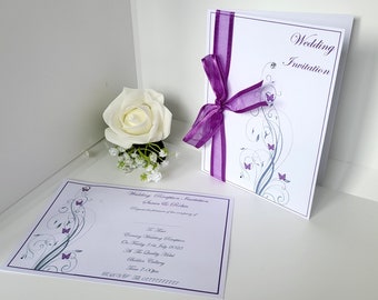 25 or 50 x W10 Wedding Invitations &/or Evening Invitations Personalised Purple Butterfly Tree Design Choose from 2 Invitations + Envelopes