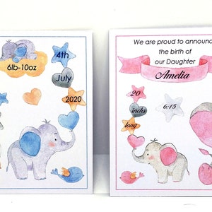 Faire-part personnalisé pour la naissance de jumeaux, bébé garçon et petite fille ou garçons et/ou filles. 25, 32, 40 ou 50 enveloppes Elephant Design Plus