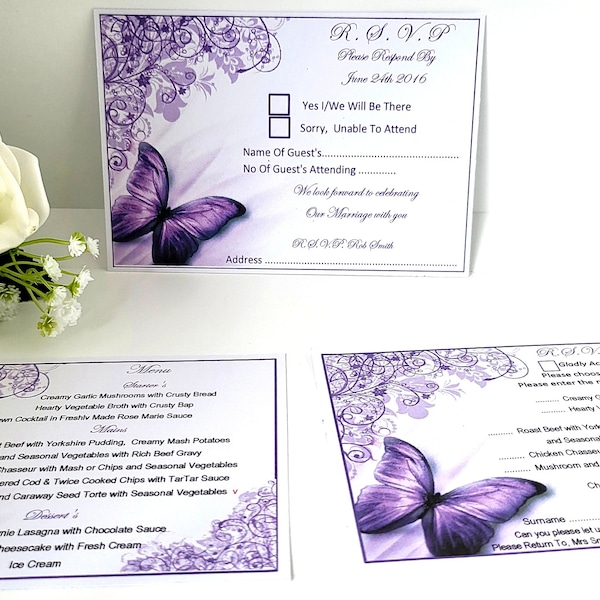 25 or 50 x W09 - Wedding R.S.V.P, Cards, Choice of Menu Cards or R.S.V.P & Menu Cards, Personalised Butterfly Design + Envelopes