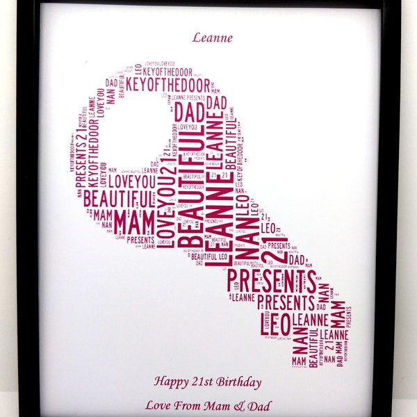 New Personalised 21st Birthday Key Of The Door 'KEY' Word Art Presented in a 8"x10" Glass Front Frame, Beautiful Unique Gift & Keepsake