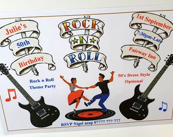 New 25, 32, 40 or 50 x Personalised Rock n Roll, Male or Female Birthday Or Theme Night Invitations With Free Envelopes & Reduced Postage