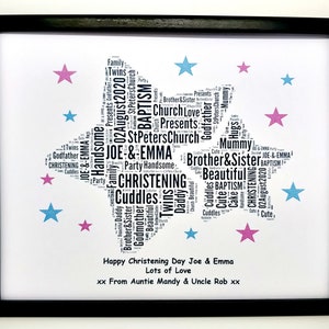New Personalised Christening / Baptism Girl, Boy or Twins Word Art Design E, In a 8&quot;x10&quot; Glass Front Frame Beautiful Unique Gift & Keepsake
