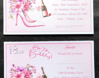 Personalisierte Einladungskarten zum 18.Geburtstag: Rosa Schuh, Blumen, Champagner