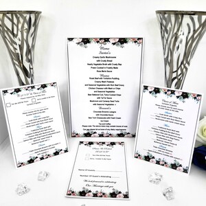 75 o 100 x Boda R.S.V.P, Elección de Menú, R.S.V.P + Menú o Tarjetas de Menú de Mesa Diseño 02A Diseño Personalizado de Flores Azul Marino y Rosa + Sobres