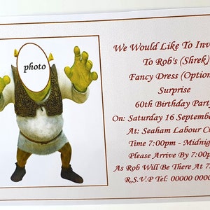 Personalised Shrek (Like) Birthday Invitations With Photograph, For Any Age, 25 or 50 Invitations