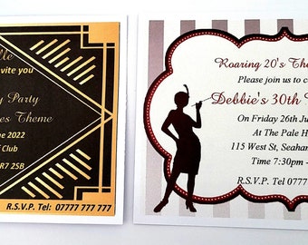 Personalised Birthday Invitations, Roaring 20's (Twenties) Theme. Choose From 2 Invitations, 75 or 100 Invitations With FREE Envelopes