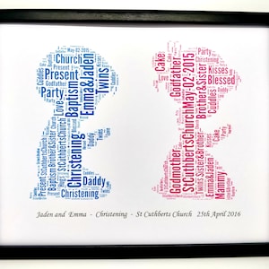 New Personalised Christening/Baptism Twins, Boys &/Or Girls Word Art Design C PRINT ONLY,  Will Fit Any 8&quot;x10&quot; Frame Beautiful Gift Keepsake