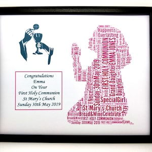 Personalised First Holy Communion Word Art Girl&#39;s or Boys Gift Presented in 8&quot;x10&quot; Glass Front Frame Beautiful Unique Gift & Keepsake