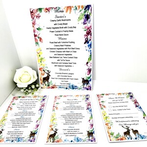 75 o 100 x Boda R.S.V.P, Menú a elegir, R.S.V.P + Menú o Tarjetas de menú de mesa Diseño 11A Ciervo, Ciervo y Flores Personalizados + Sobres