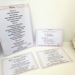 25 o 50 x R.S.V.P de Boda, Menú a Elegir, R.S.V.P y Tarjetas de Menú y Diseño de Menú de Mesa 07A Blush Flores y Anillo Personalizados + Sobres