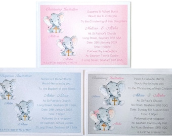Invitaciones de bautizo para gemelos: diseño de elefante, niña y niño