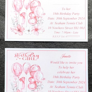 Personlised 18th Birthday Invitations with Pink Balloons, Pink Flowers and No 18 Design. 25 or 50 Invitations  Plus Free Envelopes