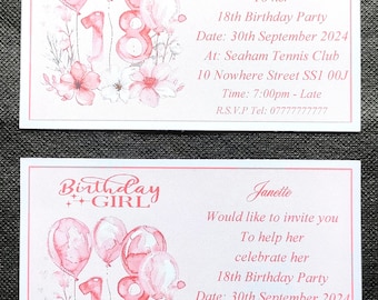 Personalisierte Einladungskarten zum 18. Geburtstag: Rosa Luftballons und Blumen