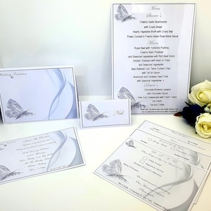 75 or 100 x Wedding Invitations and/or Evening Invites Personalised W14 Silver(Med Grey) Butterfly Design, 2 Invites 2 Styles + Envelopes