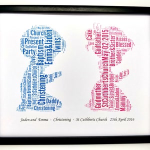 New Personalised Christening / Baptism Twins Boys and Girls Word Art (C) In a 8&quot;x 10&quot; Glass Front Frame Beautiful Unique Gift & Keepsake