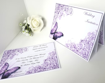 25 or 50 x Wedding Invitations &/Or Evening Invites Personalised, W09 Purple Butterfly Design with Diamante, 2 Invites, 2 Styles + Envelopes