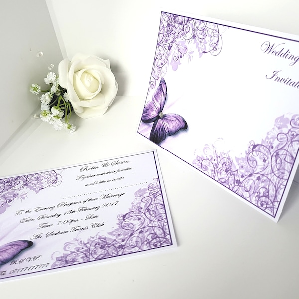 25 ou 50 x faire-part de mariage et/ou faire-part de soirée personnalisés, W09 motif papillon violet avec strass, 2 faire-part, 2 styles + enveloppes