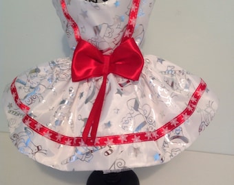 Xmas white silky dress with silver Santa,s and sledges all over made for all small breed dogs, designer dog clothes, custom made dog outfits