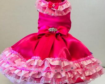 Pink satin lace dog party dress