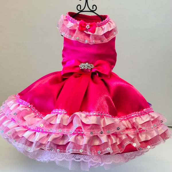 Pink satin lace dog party dress