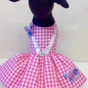 Precious pup pink check butterfly dress, designer dog clothes, custom made dog outfits, chihuahua dog dresses, pet costumes mad to measure,