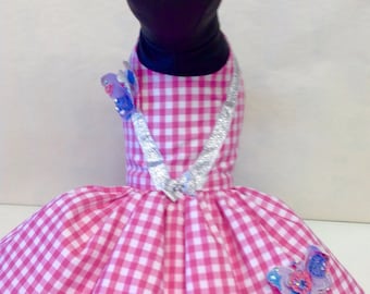 Precious pup pink check butterfly dress, designer dog clothes, custom made dog outfits, chihuahua dog dresses, pet costumes mad to measure,