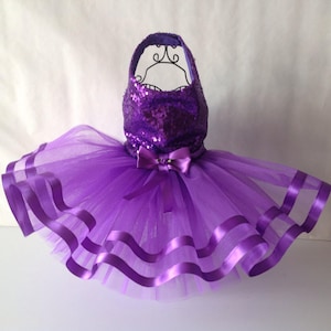 May include: Purple tulle tutu with a sequined bodice and purple satin ribbon trim. The tutu has a bow at the waist.