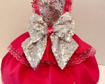 Hot pink sequinned bow party dog dress