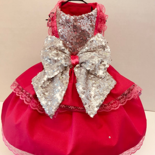 Hot pink sequinned bow party dog dress