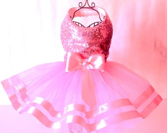 Beautiful Pink Sequinned Tu Tu Dog Dress for small breed dogs designer dos clothes chilhuahua dog clothes custom made dog outfits, dog tutu