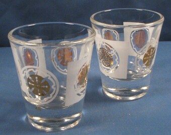 Mid Century Shot Glasses with White and Gold Decoration - Set of Two