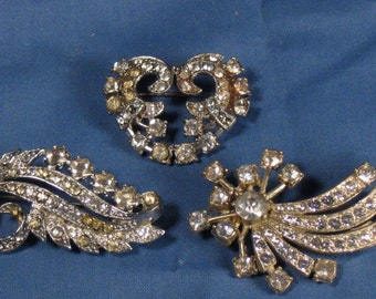 Three Vintage Rhinestone Brooches