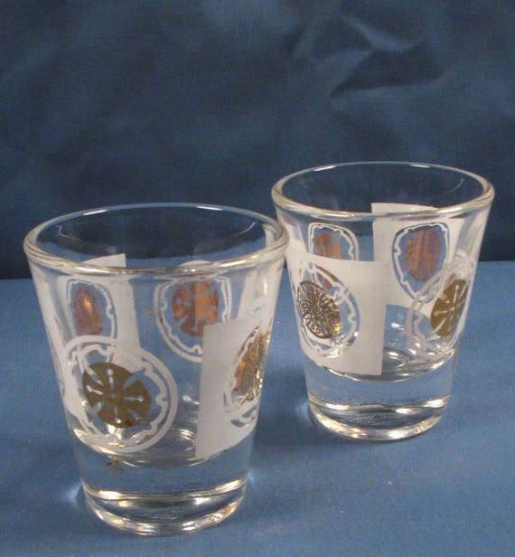 Mid Century Shot Glasses With White And Gold Decoration Set Etsy