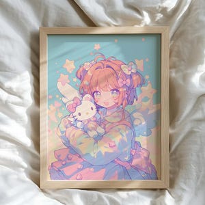 Pôster Kawaii Sakura Kinomoto / Impressão de arte Hello Kitty / Arte de parede Cardcaptor Sakura / Decoração de quarto de anime pastel / Estética de garota mágica
