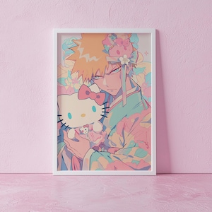 Kawaii Ichigo Kurosaki Print / Bleach Poster / Hello Kitty Wall Art / Soul Reaper Decor / Shinigami Fan Art / Anime Room Decor / TYBW