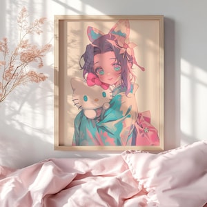Kawaii Shinobu Kocho Anime Print / Demon Slayer Wall Art / Hello Kitty Poster / Pastel Butterfly Decor / Soft Aesthetic Gift / Kocho Shinobu