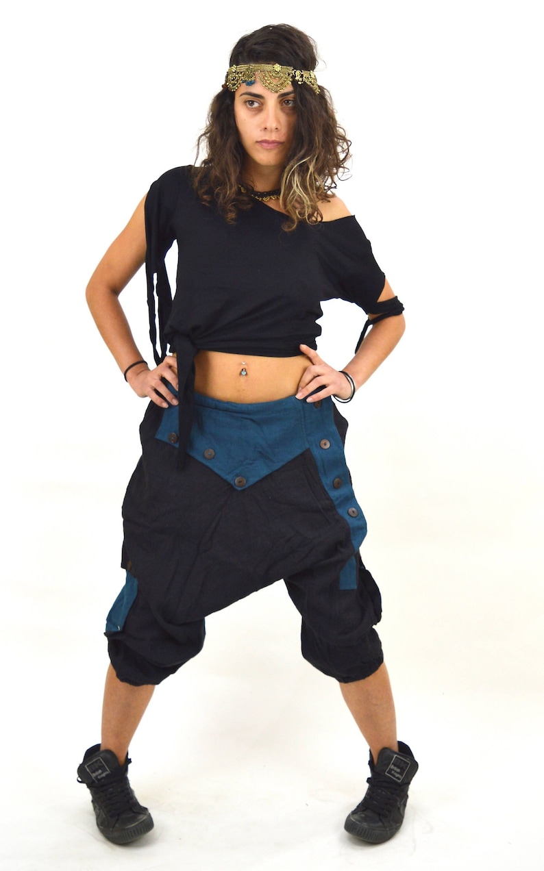 Drop crotch shorts Alternative clothing Psy trance clothing Post apocalyptic Tribal fusion Psy trance shorts Baggy festival shorts image 1
