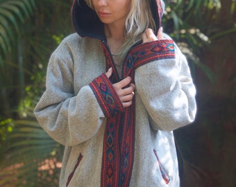 Natural colour cozy womans winter jacket Tribal hoodie Mens winter hoody Festival Jacket Mens hippie jacket Mens winter jacket