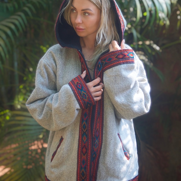 Natuurlijke kleur gezellige dames winterjas Tribal hoodie Heren winter hoody Festival jas Heren hippie jas Heren winterjas