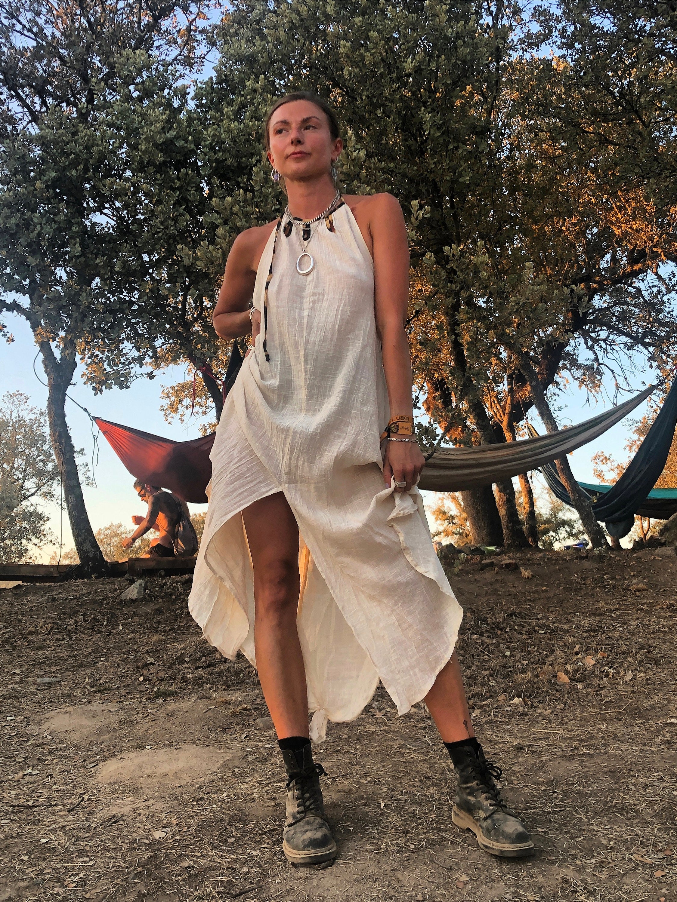 【0104】roam dress Natural Cotton Backless Dress Gypsy Dress Leopard Trim