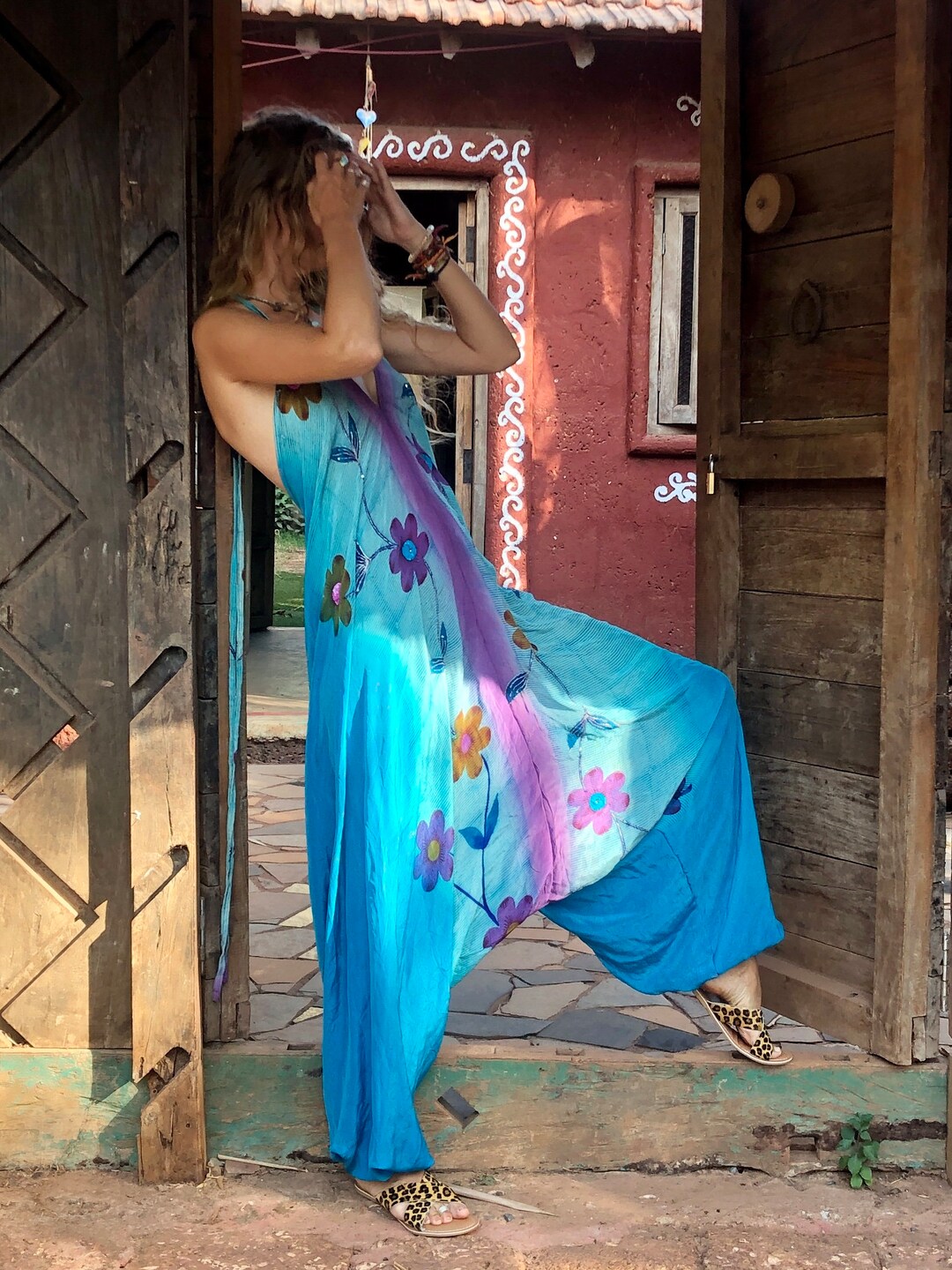 Women Autumn Retro Flower Denim Harem Jumpsuits