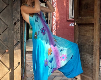 Flower embroidered blue Harem Jumpsuit Silk Sequinned jumpsuit Sequin jumpsuit women Summer jumpsuit Hippie boho jumpsuit Wholesale jumpsuit