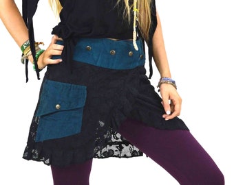 Pixie skirt Lace mini skirt Corduroy mini Tulle wrap pixie clothing Alternative fashion Pocket skirt Psy trance wear