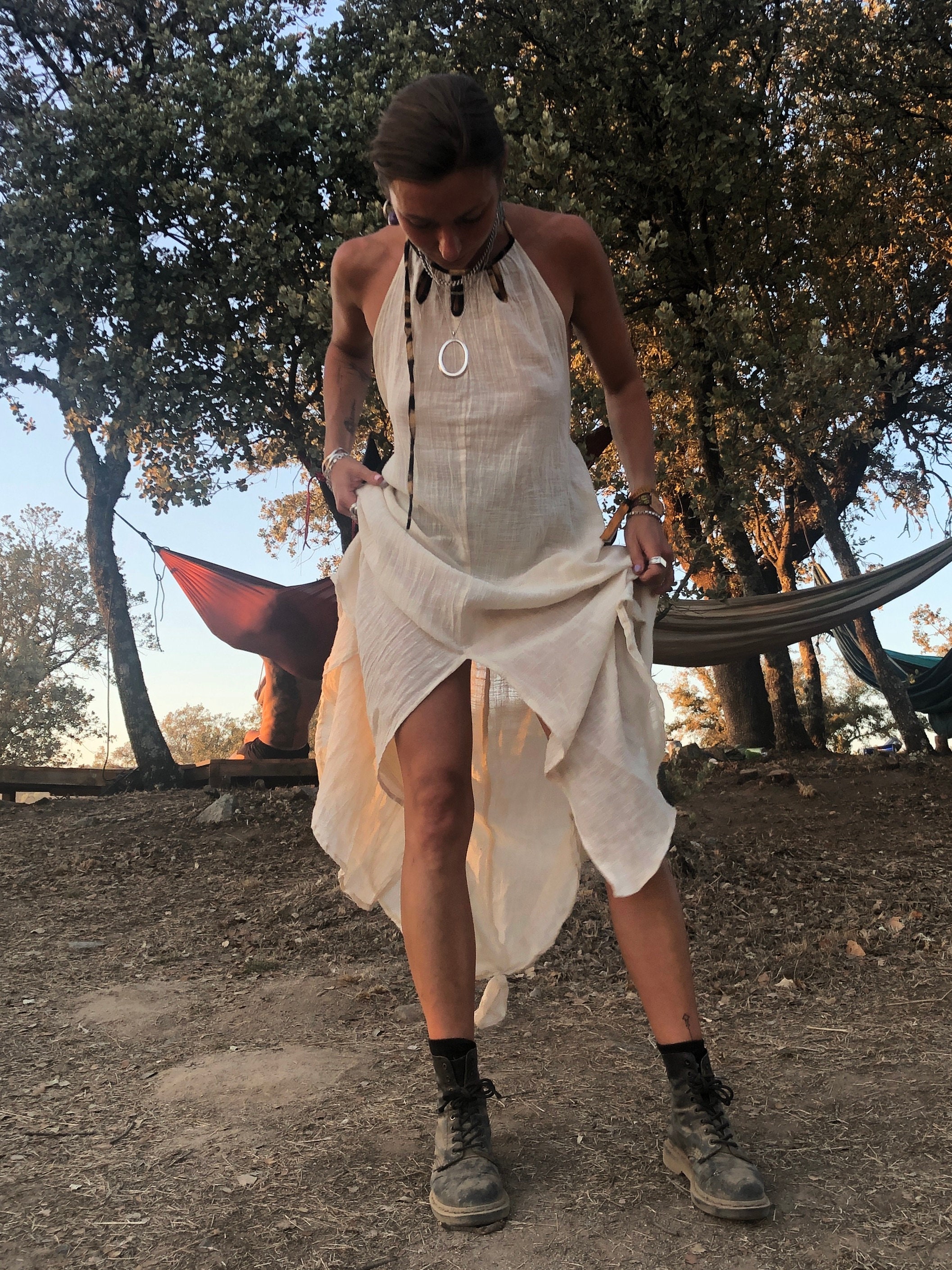 Natural Cotton Backless Dress Gypsy Dress Leopard Trim