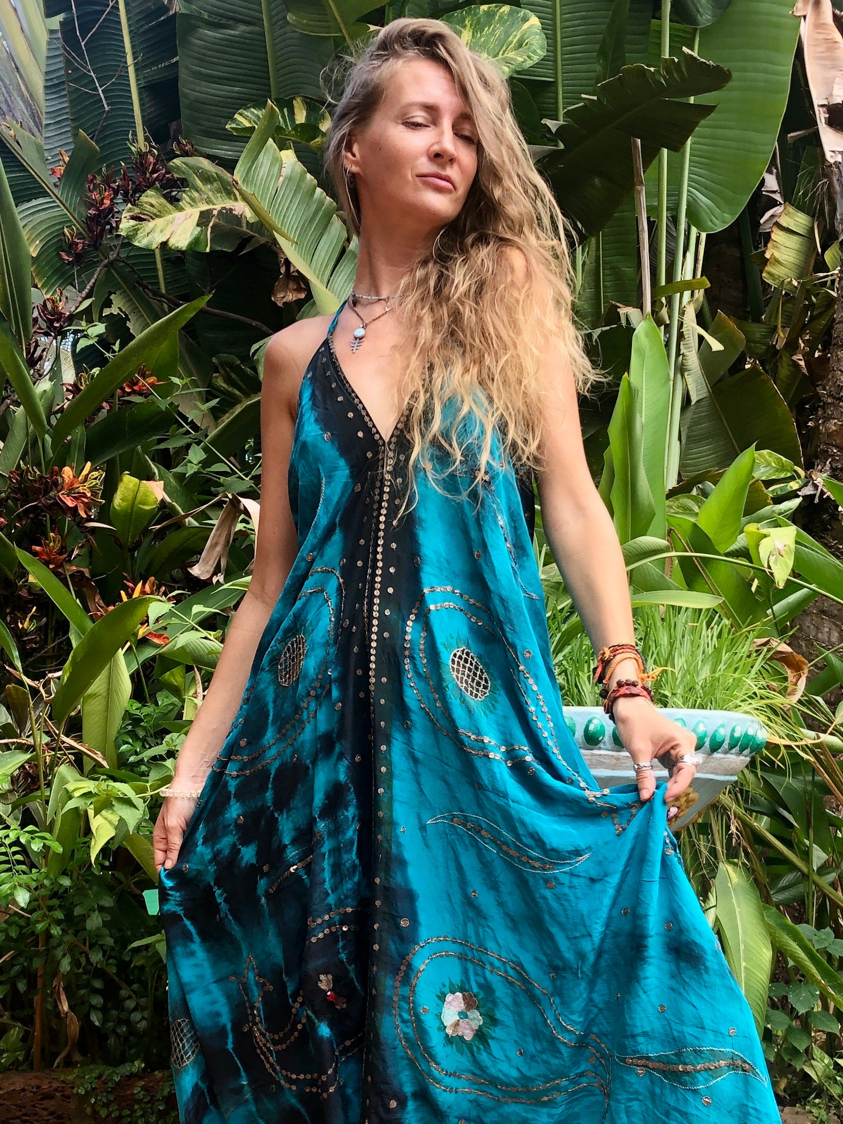 Tie dye blue Harem Jumpsuit Silk Sequinned jumpsuit Sequin jumpsuit women Summer jumpsuit Hippie boho jumpsuit Wholesale jumpsuit