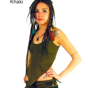 May include: Khaki-colored tank top with a unique asymmetrical hemline. The top features vertical pleats down the front and is paired with a matching waistband. The word "Khaki" is displayed in the upper left corner.