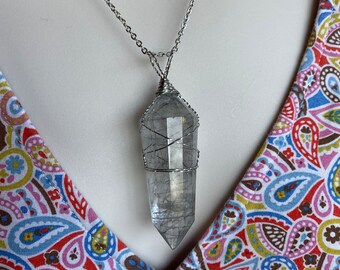 Rutilated Quartz Crystal Point Pendant  - Stainless Steel Wire Wrapped Handmade OOAK Pendant