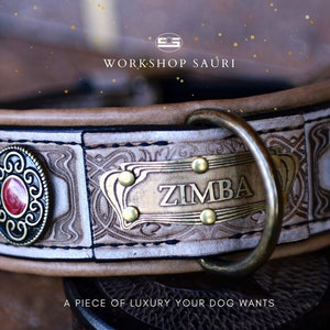 Luxury designer dog collar, Beige leather & Red Stones, Personalized collar for Large dogs, Great Dane, Labrador, Akita inu, Irish Wolfhound